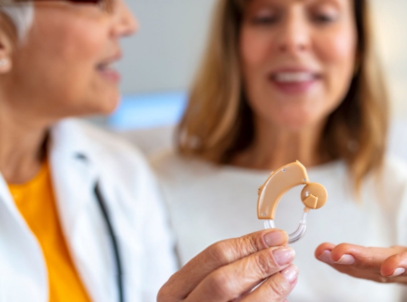 woman being presented with a hearing aid
